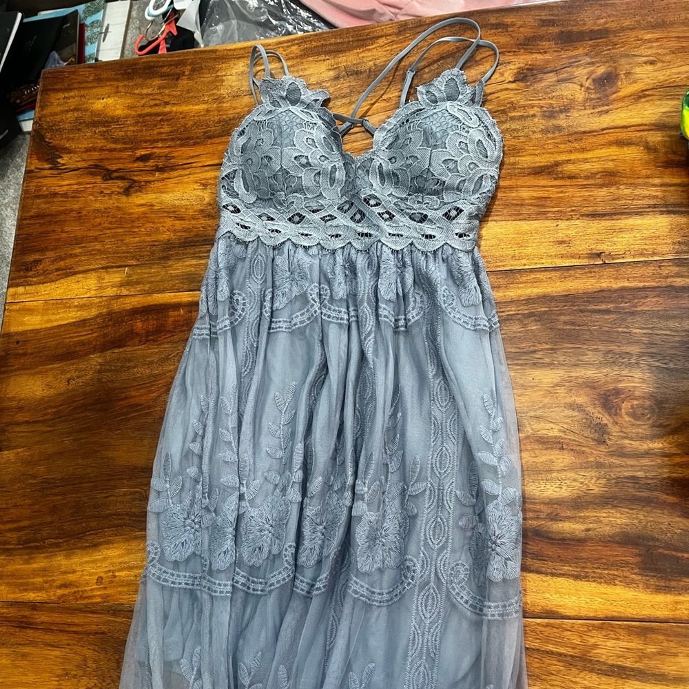 Long blue dress with sheer bottom